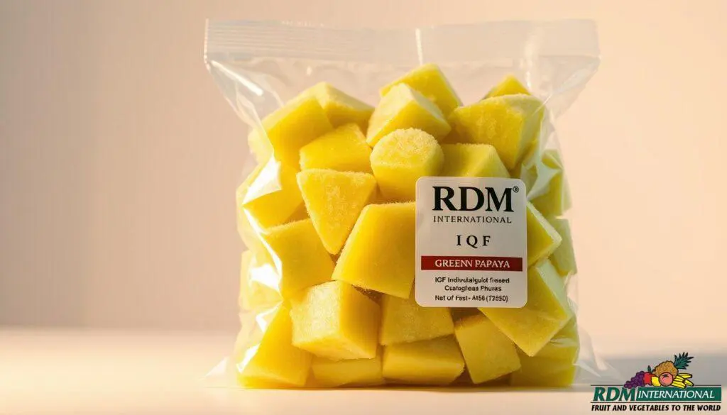 IQF frozen papaya chunks in a resealable bag
