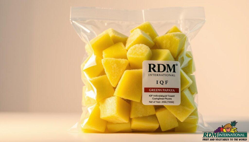IQF frozen papaya chunks in a resealable bag
